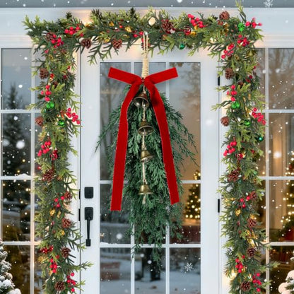 4 Pack Christmas Cedar Teardrop Swags with Velvet Ribbons & Bells - Burgundy