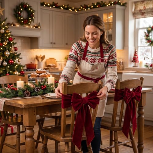 Christmas Velvet Chair Bows Sashes Set - Burgundy, Stylish, 6 Pieces