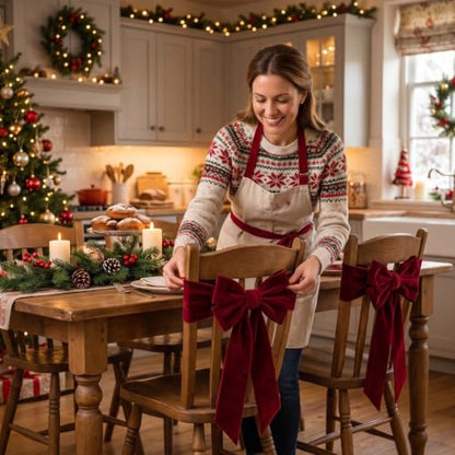 Christmas Velvet Chair Bows Sashes Set - Burgundy, Stylish, 6 Pieces