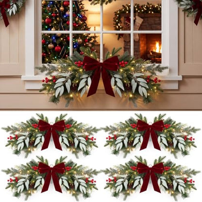 Christmas Swag Decorations with Lights, Red Bow and Pine - 4 Pack Variation of Red Pine