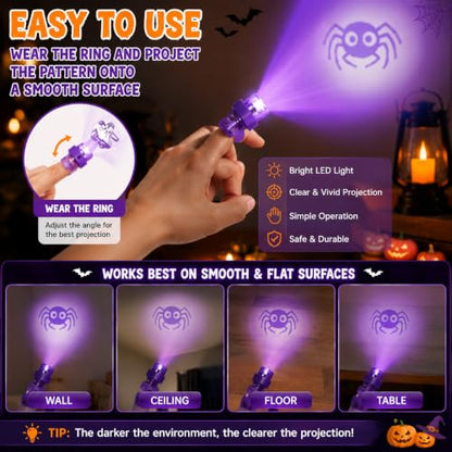 Halloween Finger Projector Rings 3-Pack - LED Ghost, Bat, Pumpkin Designs