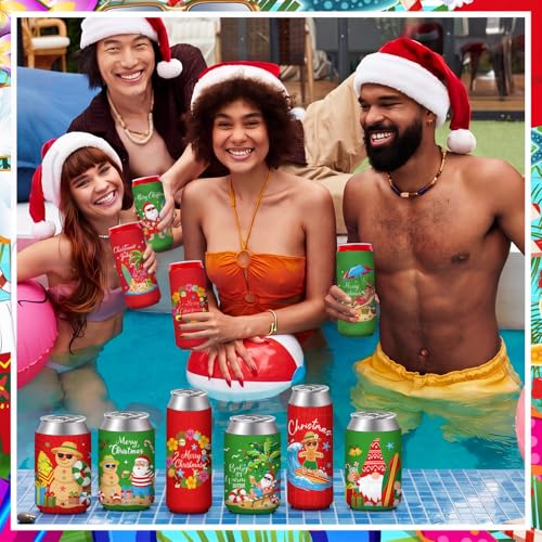 Christmas in July Can Coolers 24 Pack - Tropical Hawaiian Beer Sleeve Set with 2 Sizes