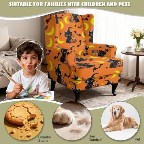 Cat Pumpkin Armchair Slipcover for Wingback Chairs - 2 Piece Set