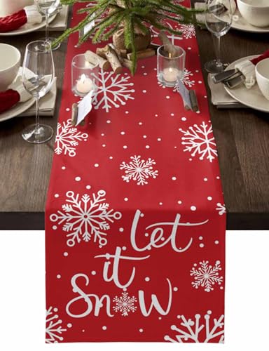 Christmas Table Runner Cotton Linen Let It Snow Decor 13 x 108 Inch - Orange Smearoud0993