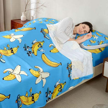 Queen Size Fitted Sheet Set with Flat Sheet and Pillowcases - Blue Yellow Banana Design