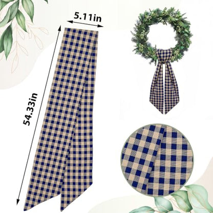 Navy Blue Linen Plaid Wreath Sash for Front Door - Holiday & Event Decor
