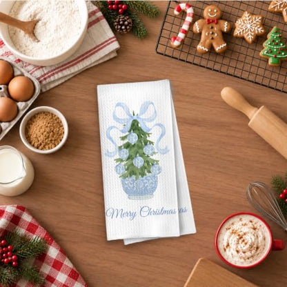 Christmas Tree Chinoiserie Kitchen Towels - Blue Coquette Bow Waffle Decor - 16x24 Inches - Holiday Home Decor - Variation of THIS listing