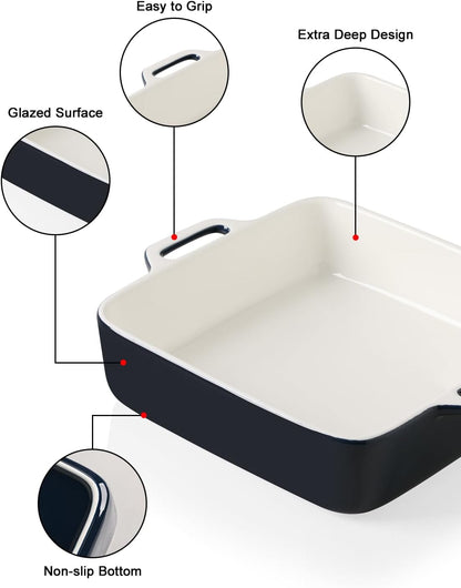 Sweejar 8x8 Baking Pan - Ceramic Casserole Dish with Double Handles | 2 QT Square for Brownies, Lasagna, Family Dinners (Navy)