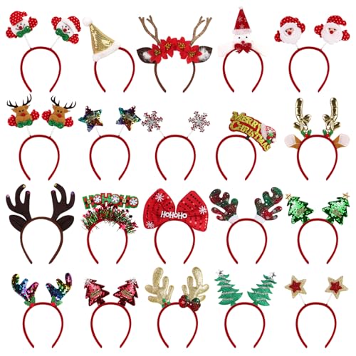 20 Pack Christmas Headbands with Santa Hat, Tree Antlers & Bow - Holiday Hair Accessories