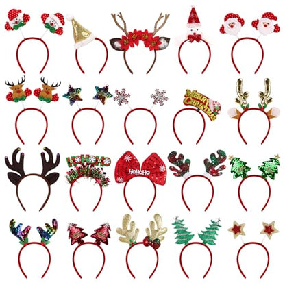 20 Pack Christmas Headbands with Santa Hat, Tree Antlers & Bow - Holiday Hair Accessories