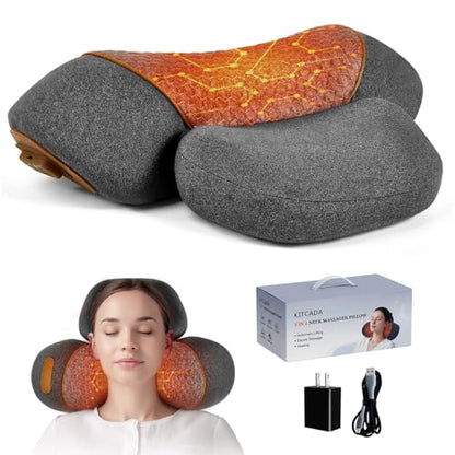 Cordless 3-in-1 Neck Massage Pillow with Heat, Traction & Auto Mode - Gray