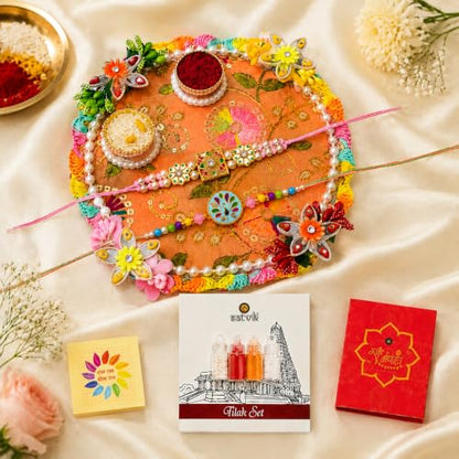 Raksha Bandhan Gift Set with Decorative MDF Pooja Plate, Roli Chawal & Rakhis