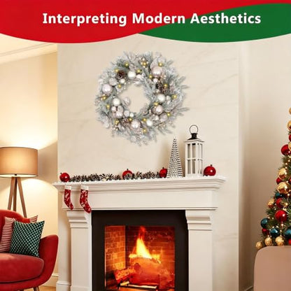 24 Inch Silver Ball Christmas Wreath - Artificial Holiday Door Decor