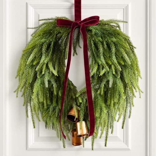 24 Inch Christmas Wreath with Burgundy Bow Bells for Front Door - Red