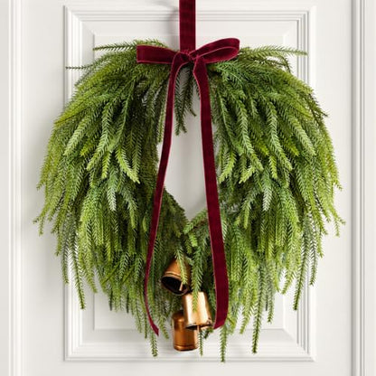 24 Inch Christmas Wreath with Burgundy Bow Bells for Front Door - Red