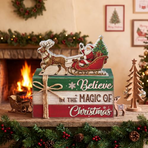 Christmas Santa Sleigh Wooden Book Stack Sign Set - Holiday Table Decor, Rustic Festive Centerpiece - Variation: Santa Sleigh