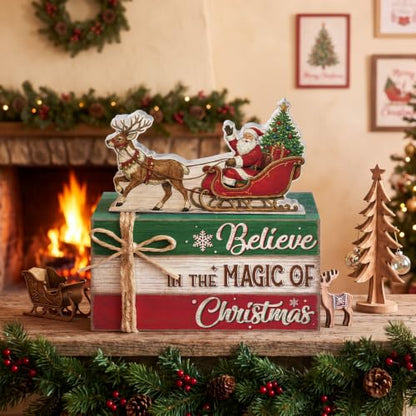 Christmas Santa Sleigh Wooden Book Stack Sign Set - Holiday Table Decor, Rustic Festive Centerpiece - Variation: Santa Sleigh