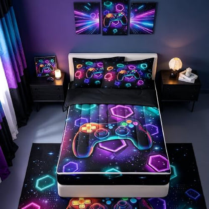 Neon Gamepad Bedding Set with Zippered Comforter and Fitted Sheet - Full Size - Black, Purple, Cyan