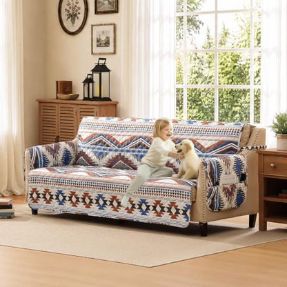 Large Boho Quilted Couch Cover with Aztec Pattern, Water-Repellent & Anti-Slip, 68-Inch Sofa Protector - Bohemia Style