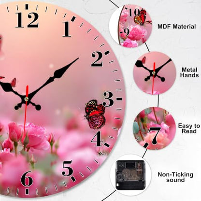 12-Inch Silent Wall Clock - Round Pink Rose Butterfly, Non-Ticking
