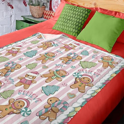 Christmas Gingerbread Man Flannel Blanket - Pink Xmas Tree Stripes, 50 x 60
