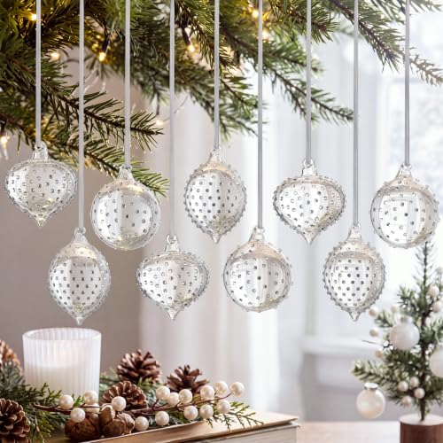 Seenelling 9 Pack Clear Christmas Glass Ball Ornaments Teardrop Silver Variation