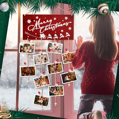 Christmas Card Holder Wall Decor with Snowflake Clips - Red Wooden Merry Christmas Display