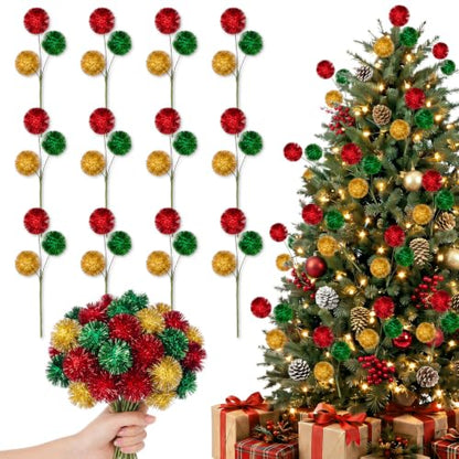 12 Pack Christmas Tree Picks Decor - Red Gold Green 8 Inch Holiday Accessories