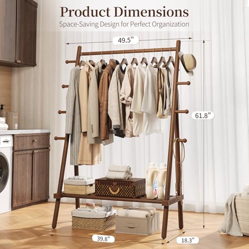 Yoobure Walnut Solid Wood Clothes Rack with 8 Hooks & Shelf - Heavy Duty Freestanding Garment Organizer