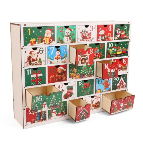 Multicolor Wooden Advent Calendar 2026 with 25 Cartoon Drawers Holiday Decor