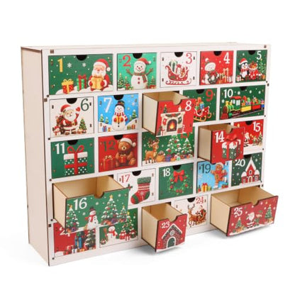 Multicolor Wooden Advent Calendar 2026 with 25 Cartoon Drawers Holiday Decor