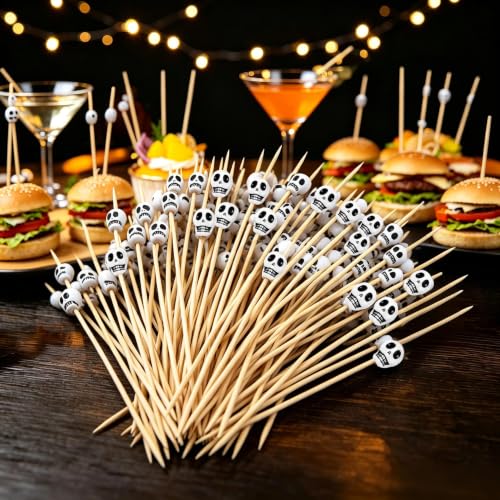 100 Pcs Bamboo Skull Cocktail Picks for Halloween Party Decor