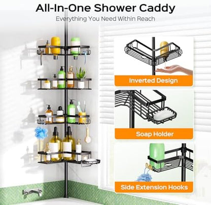 HAMITOR Shower Caddy - 4-Tier Rustproof Bathroom Organizer with Soap Holder & Hooks | Adjustable No-Drill Design - 47-123 Inch Black