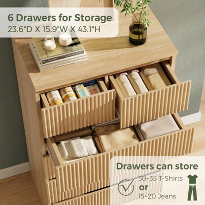 6-Drawer Fluted Dresser in Natural Oak - Tall Deep Drawers, Handleless Modern Wood Chest
