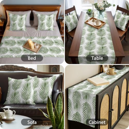 Queen Size Bed Runner with Matching Pillow Covers - Green Palm Leaves 83x20 in Forest