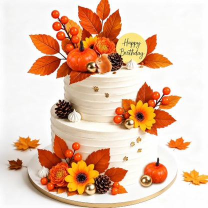 Fall Cake Topper Set with Autumn Flowers and Decorations - 26 Pieces