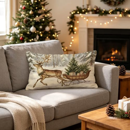 Reindeer Sleigh Christmas Throw Pillow Cover 20x12 Inches - Holiday Decor - Pack of 1