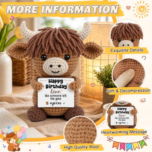 Highland Cow Birthday Decorations for Women Men - Cheeky Crocheted Gift with Card - Variation of Birthday