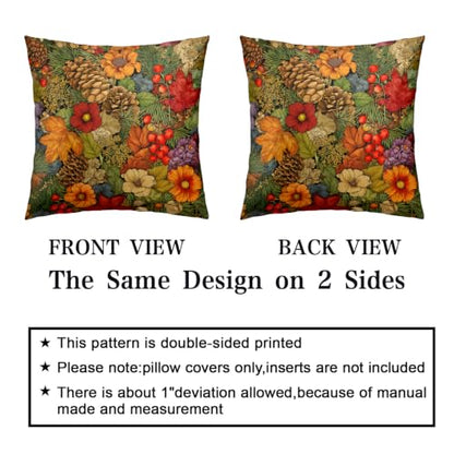 Autumn Woodland Floral Throw Pillow Covers Set of 2 - 18x18 Inch Fall Leaf Cushion Cases for Home Decor