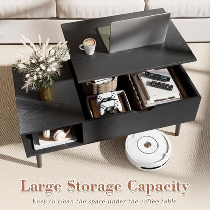 Wood Lift Top Coffee Table with Hidden Storage Shelf - Black, 39.5 In