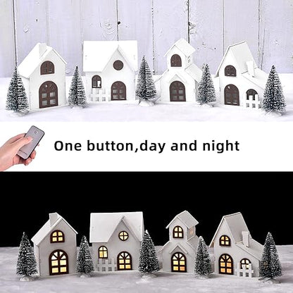 9pcs Christmas Village Set with LED Lighted Houses & Frosted Trees - Winter Holiday Decor