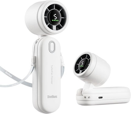 Diveblues Mini Portable Turbo Fan - 12H Max Cooling, 4000mAh Battery, 3-in-1 Handheld/Neck/Desktop Fan