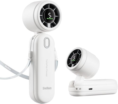 Diveblues Mini Portable Turbo Fan - 12H Max Cooling, 4000mAh Battery, 3-in-1 Handheld/Neck/Desktop Fan