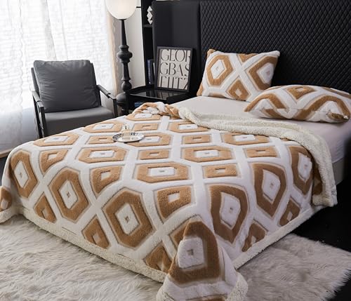 LEVINIS Boho Sherpa Fleece Blanket 80x90 Inch - Camel, Reversible Cozy Throw