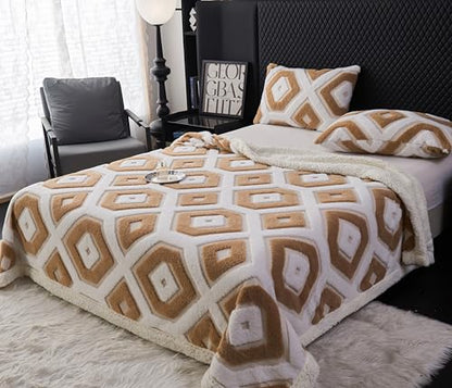 LEVINIS Boho Sherpa Fleece Blanket 80x90 Inch - Camel, Reversible Cozy Throw