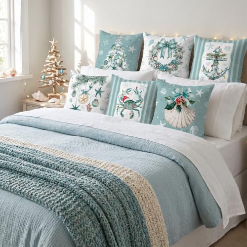 Christmas Coastal Pillow Covers Set of 6 - 18x18 Inch Suede Holiday Decor