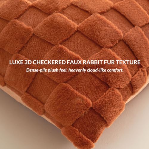 Checkered Faux Rabbit Fur Body Pillow Cover 20x54 Burnt Orange - Plush & Cozy