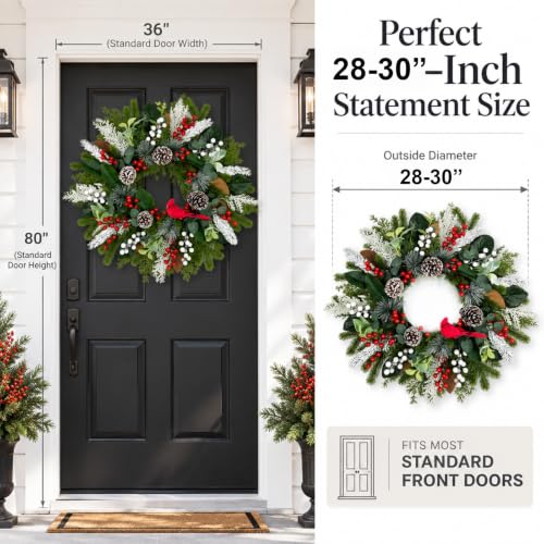 28-Inch Cardinal Winter Wreath with Berries for Front Door Christmas Decor