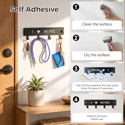 4-Hook Metal Wall Mount Key Holder with Self-Adhesive Back - Black, 9.45 Inches