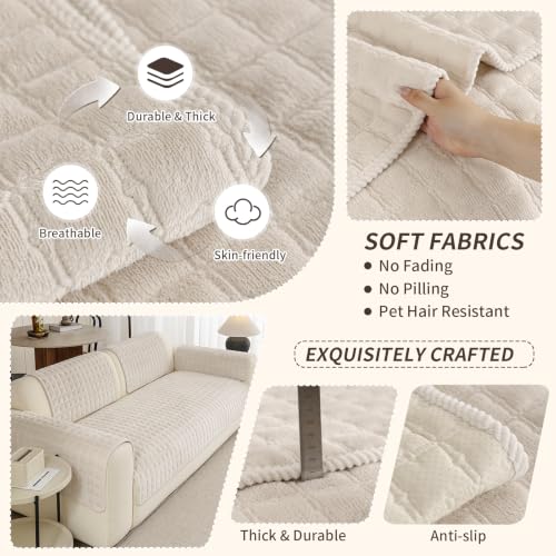 Beige White Sectional Sofa Cover for Pets - 35x94 Inch, Quilted Non-Slip Design